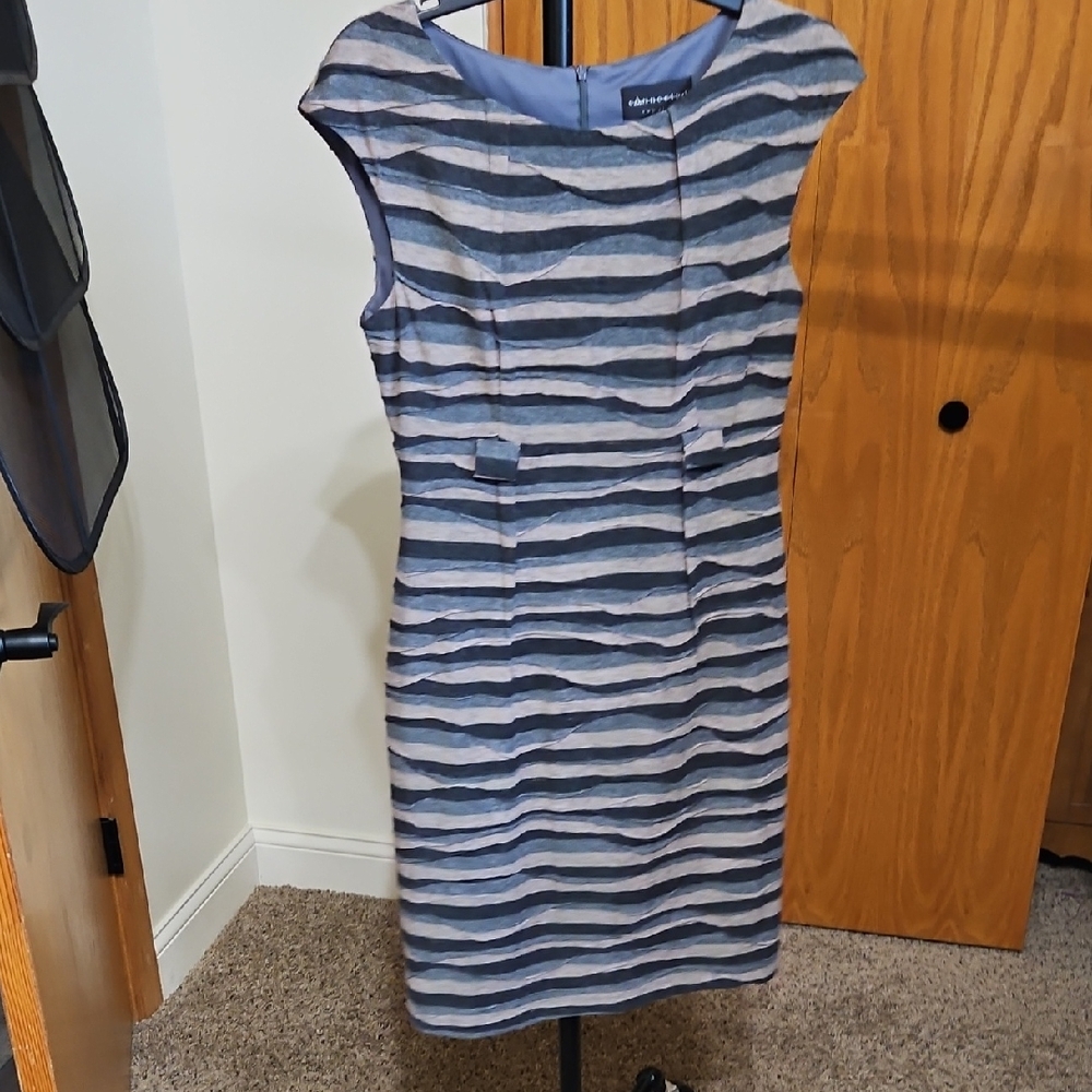 Adrianna Papell Navy and Gray Striped Midi Dress